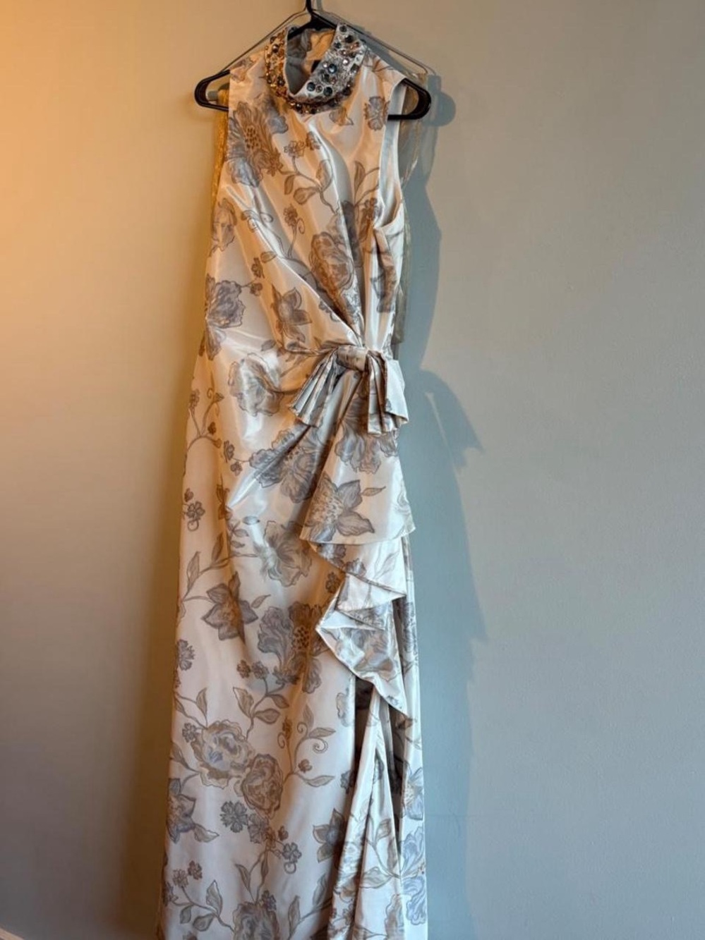 Teri Jon Floral Satin High-Neck Maxi Dress